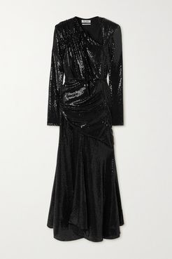 Asymmetric Ruched Sequined Stretch-jersey Maxi Dress - Black