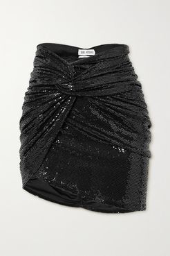 Asymmetric Draped Sequined Jersey Mini Skirt - Black