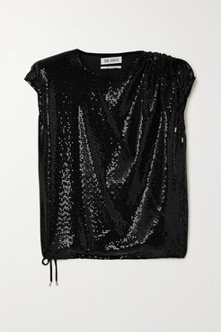 Draped Sequined Jersey Top - Black