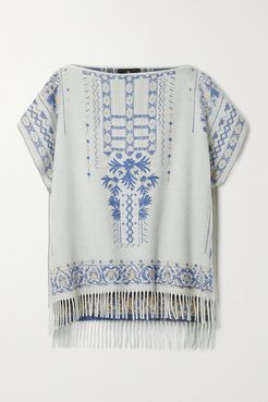 Fringed Cashmere And Wool-blend Jacquard Poncho - White