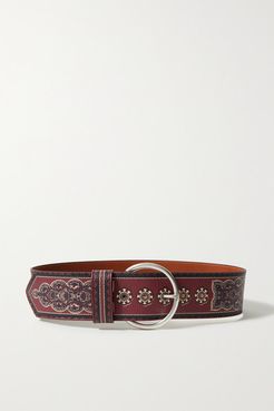 Printed Textured-leather Belt - Burgundy