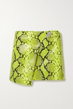 Neon Snake-effect Leather Wrap Mini Skirt - Snake print
