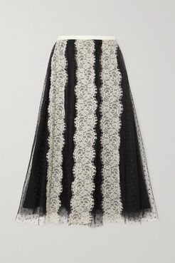 Lace-paneled Point D'esprit Tulle Midi Skirt - Black
