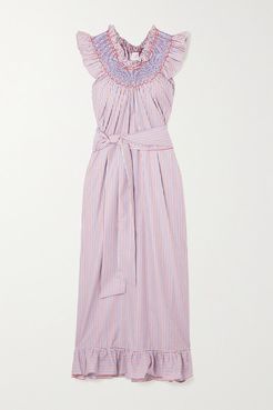 Delfina Belted Ruffled Smocked Striped Cotton-poplin Midi Dress - Blue