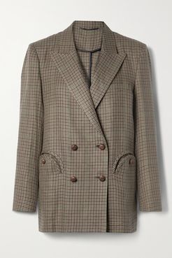 Everynight Double-breasted Houndstooth Linen And Cotton-blend Blazer - Brown