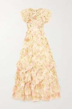 Genevieve Rose Ruffled Floral-print Tulle Gown - Ecru