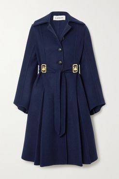 Belted Embellished Wool-blend Coat - Navy