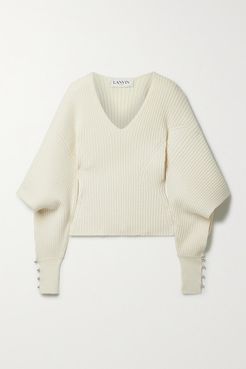 Cutout Embellished Ribbed Wool And Cashmere-blend Sweater - Cream
