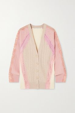 Effortless Lace-trimmed Cable-knit Wool Cardigan - Beige