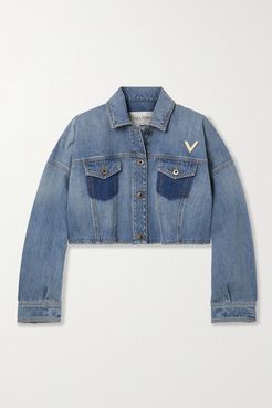 Embellished Cropped Denim Jacket - Blue