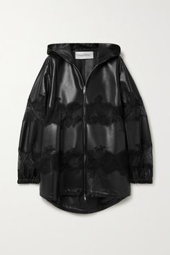 Hooded Corded Lace-trimmed Leather Jacket - Black