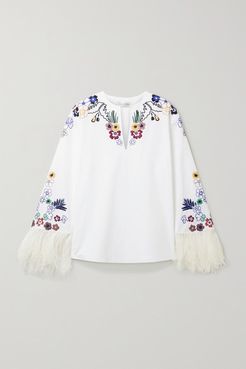 Feather-trimmed Embellished Cotton-poplin Blouse - White