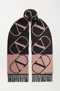 Garavani Fringed Wool And Cashmere-blend Jacquard Scarf - Black