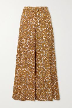 Net Sustain Manuela Belted Paisley-print Linen Wide-leg Pants - Mustard