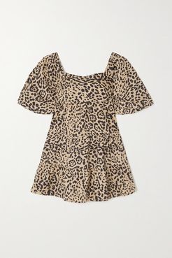 Net Sustain Eryn Tie-detailed Tiered Leopard-print Cotton-poplin Mini Dress - Leopard print