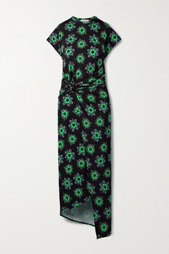 Asymmetric Gathered Floral-print Stretch-jersey Dress - Black