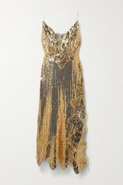 Asymmetric Metallic Guipure Lace-trimmed Sequined Georgette Midi Dress - Gold