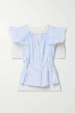 Layered Lace-trimmed Striped Voile And Pointelle-knit Cotton Top - Blue