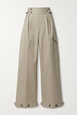 Button-detailed Pleated Cotton-gabardine Wide-leg Pants - Beige