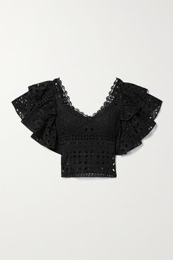 Belle Cropped Ruffled Crochet-trimmed Broderie Anglaise Cotton-blend Top - Black