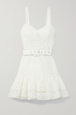 Marianne Belted Ruffled Broderie Anglaise Cotton-blend Mini Dress - White