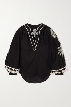 Net Sustain Cursos Del Rio Tasseled Embroidered Organic Linen Blouse - Black