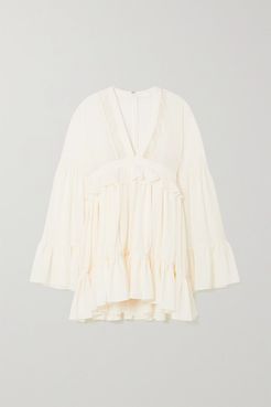 Ruffled Lace-paneled Silk Crepe De Chine Mini Dress - White
