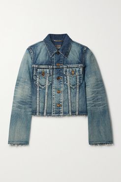 Cropped Distressed Denim Jacket - Blue