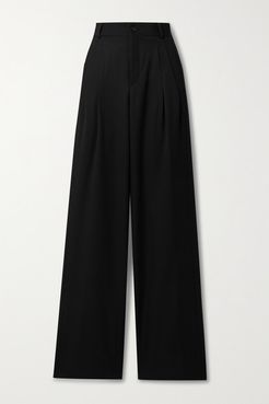 Pleated Grain De Poudre Wool Wide-leg Pants - Black