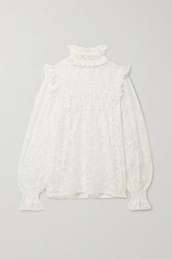 Ruffled Shirred Corded Lace Blouse - Ivory