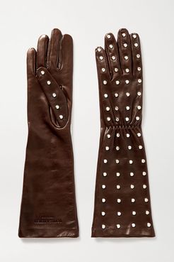 Studded Leather Gloves - Dark brown