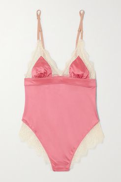 Doris Lace-trimmed Stretch-satin Bodysuit - Pink