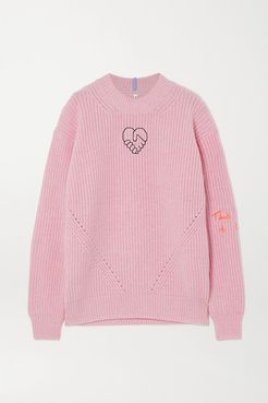 Embroidered Appliquéd Wool And Cashmere-blend Sweater - Pink