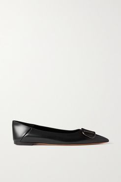 Go Logo Leather Collapsible-heel Point-toe Flats - Black