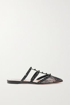 Garavani Rockstud Leather-trimmed Lace Point-toe Flats - Black