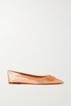 Go Logo Metallic Textured-leather Collapsible-heel Point-toe Flats - Gold