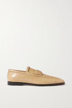 Croc-effect Leather Loafers - Beige