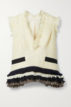 Canvas-trimmed Frayed Tweed Top - Off-white