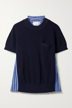 Paneled Knitted And Pleated Striped Cotton-poplin T-shirt - Navy