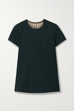 Paneled Cotton-jersey, Printed Satin And Chiffon T-shirt - Black