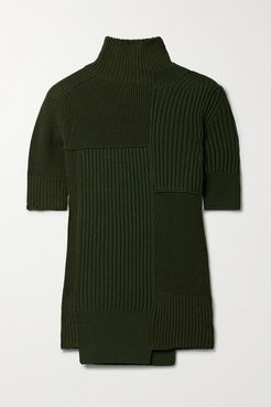 Cutout Paneled Ribbed Cotton-blend Turtleneck Sweater - Dark green
