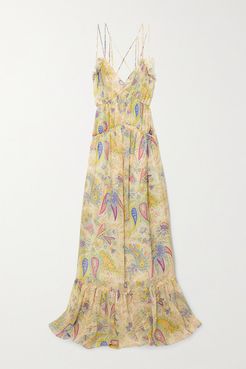 Ruffled Paisley-print Silk-crepon Gown - Yellow