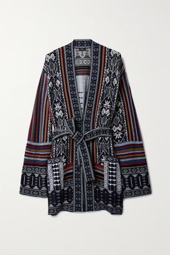 Belted Wool-blend Jacquard Cardigan - Navy