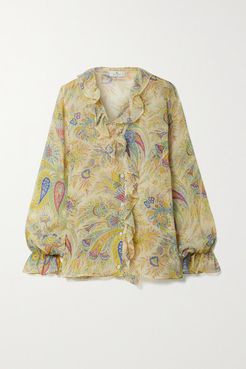 Ruffled Printed Silk-crepon Blouse - Yellow