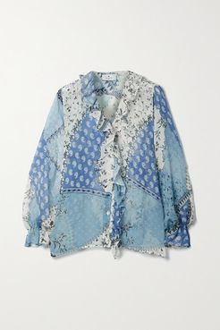 Ruffled Patchwork Printed Silk-crepon Blouse - Light blue
