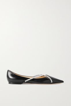 Genevi Crystal-embellished Leather Point-toe Flats - Black