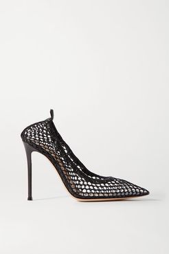 105 Leather-trimmed Fishnet Pumps - Black