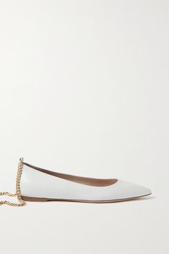 Chain-embellished Leather Point-toe Flats - White