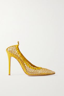 105 Leather-trimmed Fishnet Pumps - Yellow