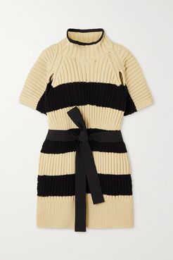 Belted Striped Ribbed Cotton-blend Poncho - Ivory